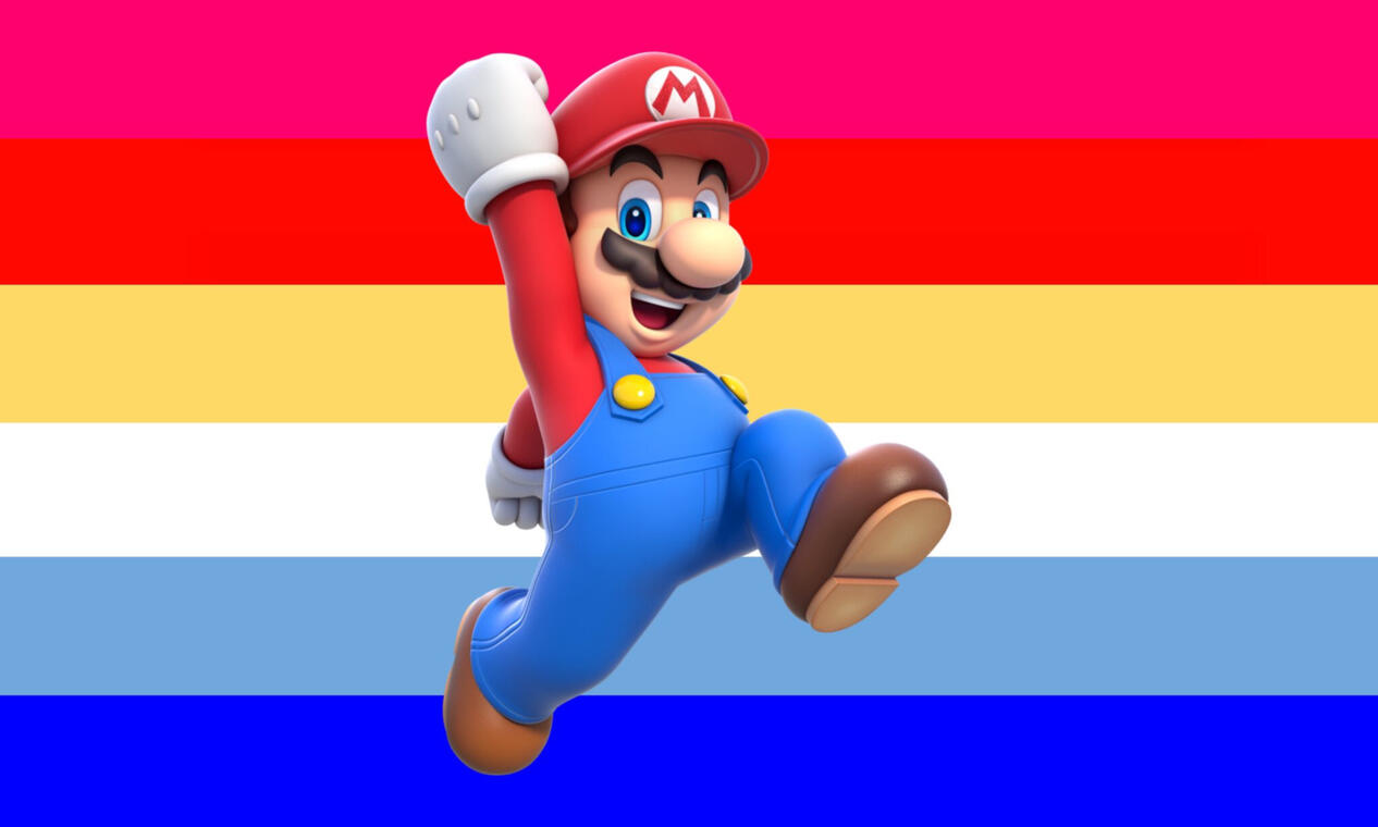 mariogender flag! the colors from top to bottom are neon pink, red, yellow, white, light blue, and neon blue!